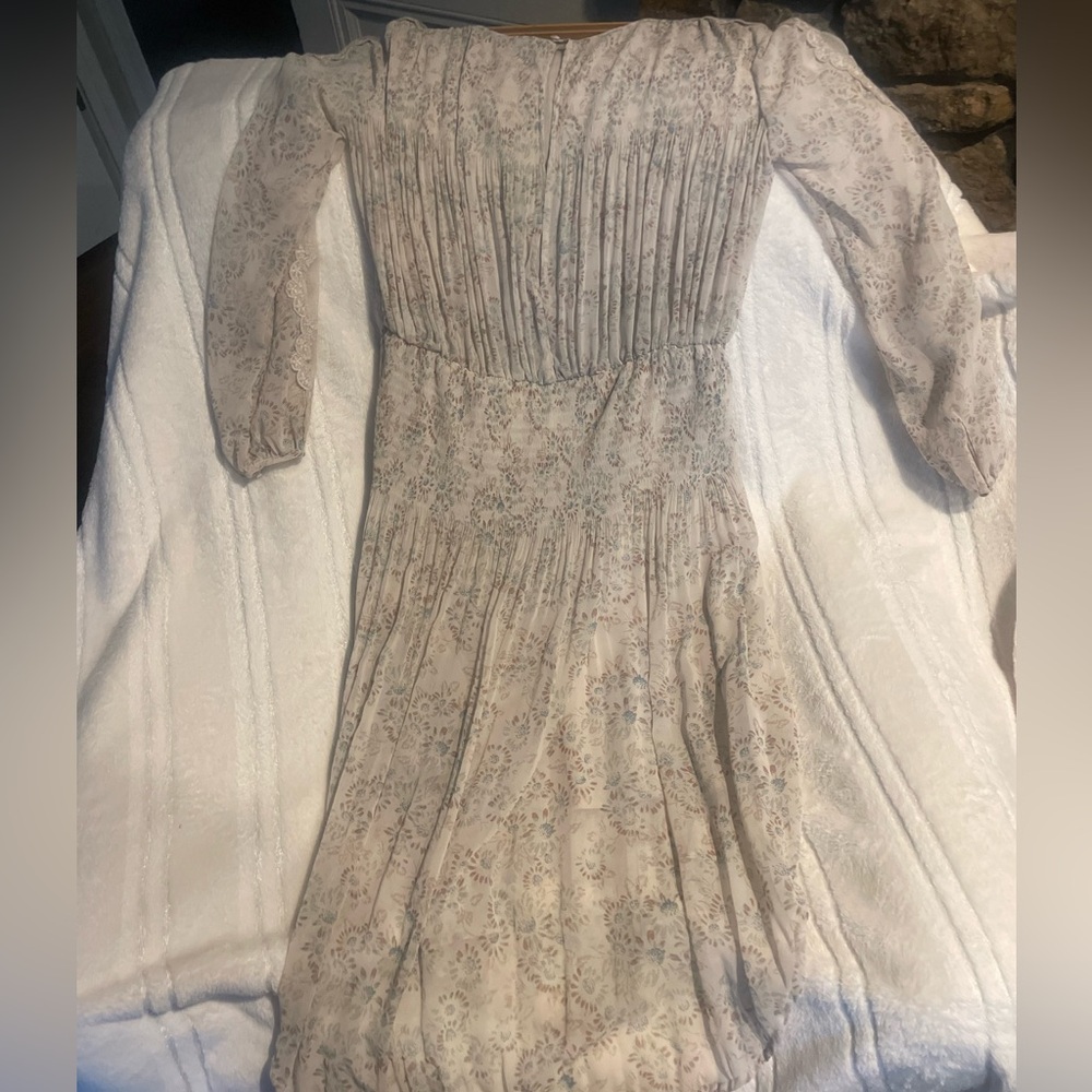 Free People Beige Floral Midi Dress with Smocked Bodice